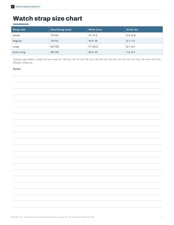 Preview of Printable Watch Strap Size Chart